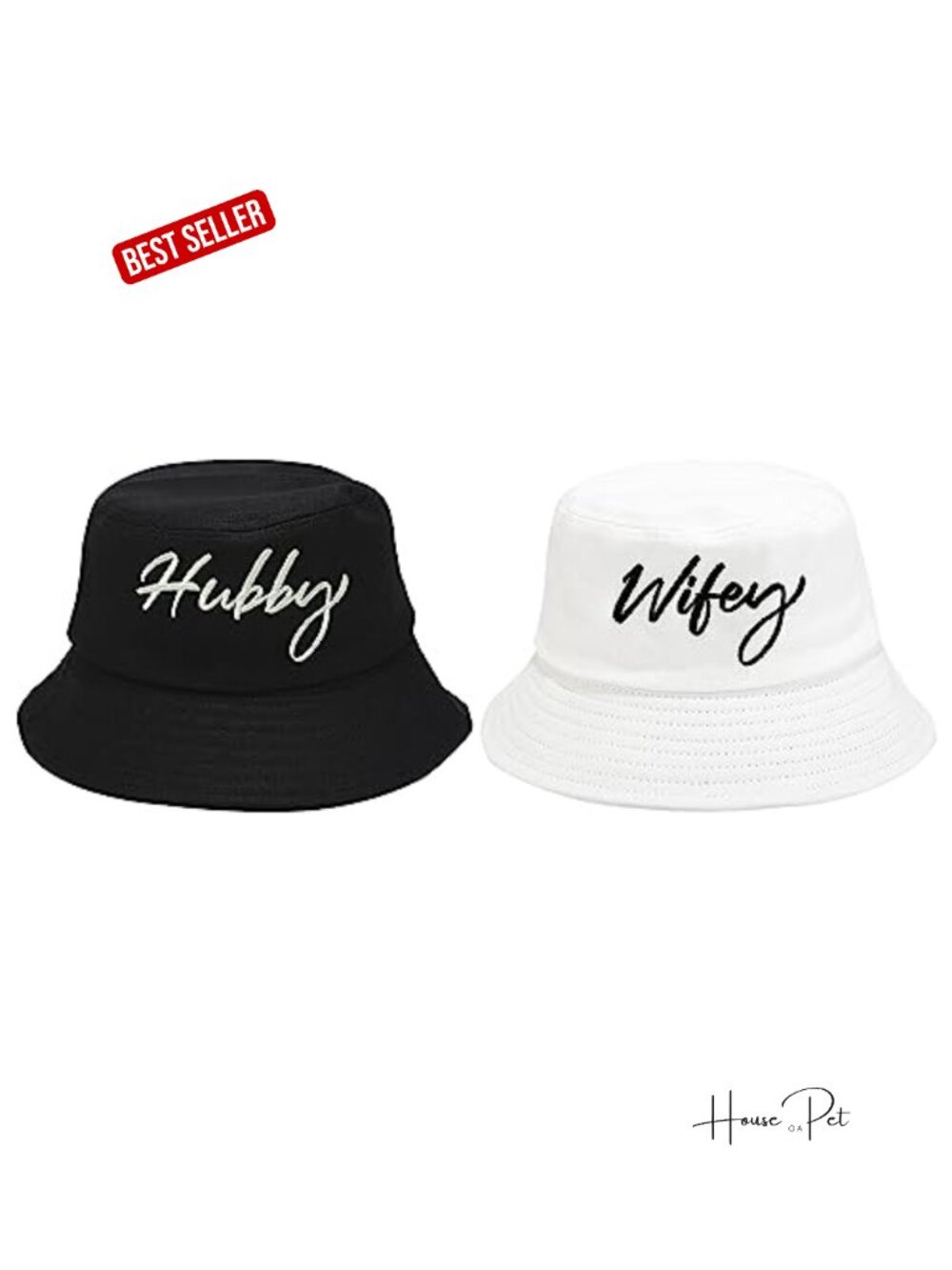 Mr and Mrs Bucket Hats - Set of Two Embroidered Unisex Cotton Fisherman Sun Hats